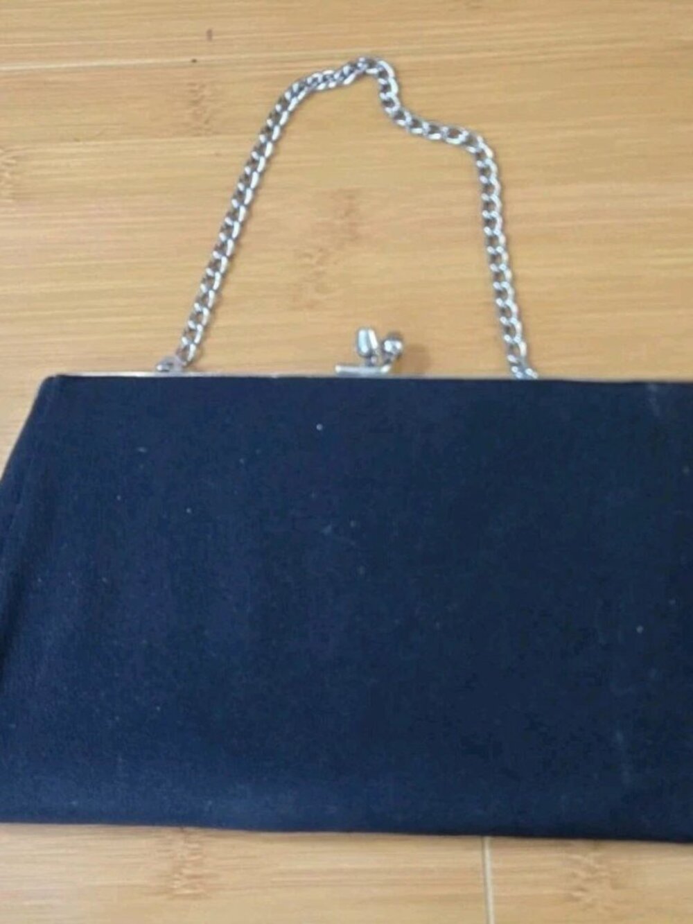 Vintage Black Suede Evening Clutch Kiss Lock Purse Silver Chain